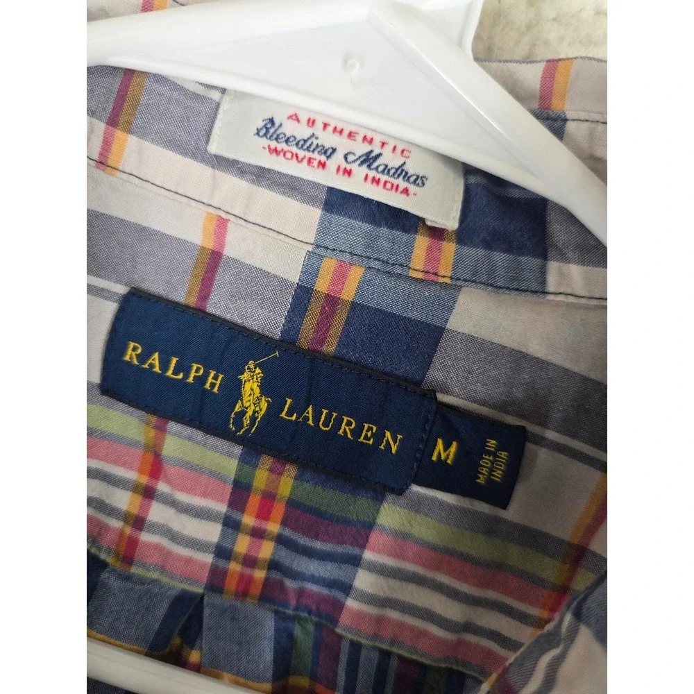 Ralph Lauren Bleeding Madras Shirt Mens M Blue White Plaid Button Down SS